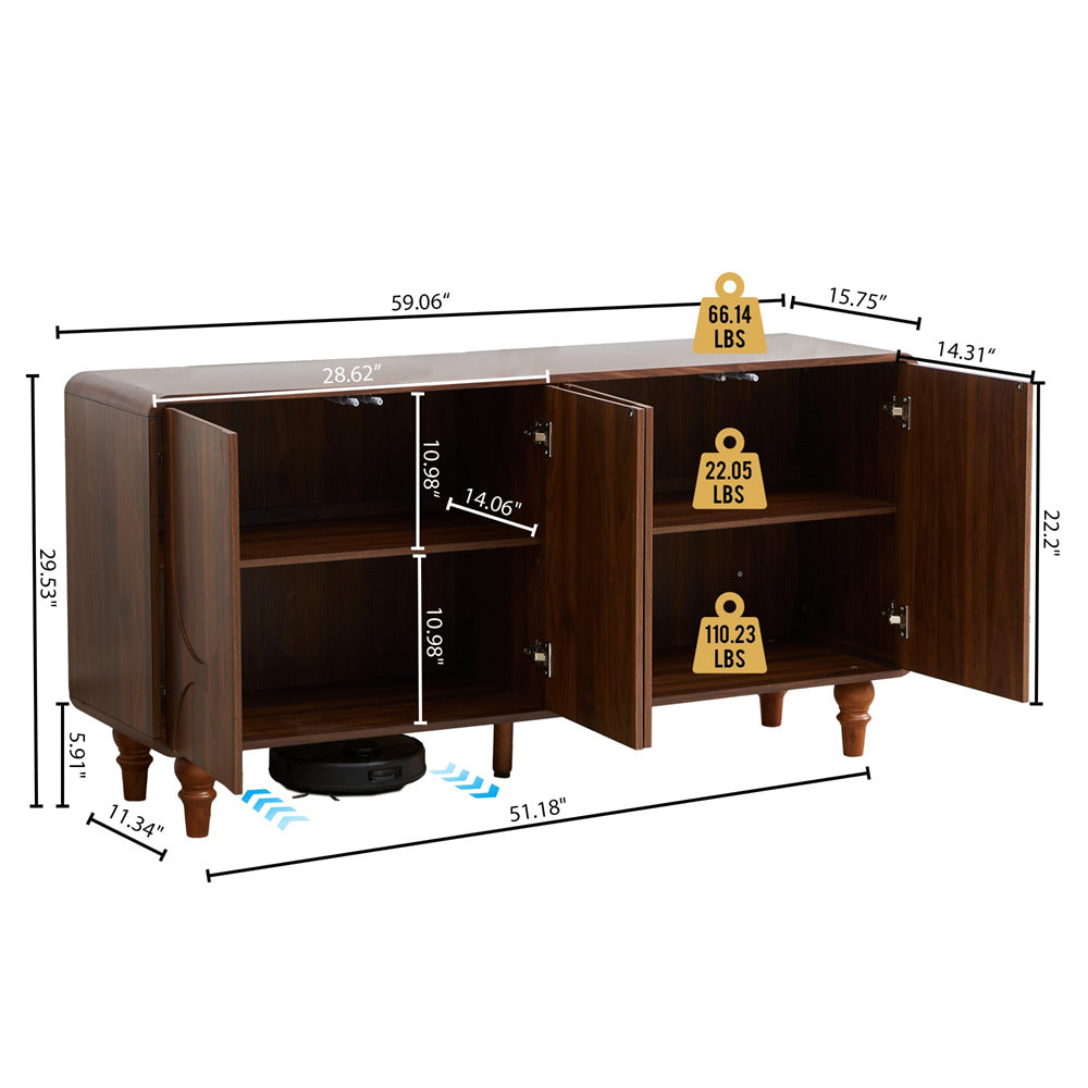 Wooden sideboard with measurements and weight indicators on a white background
