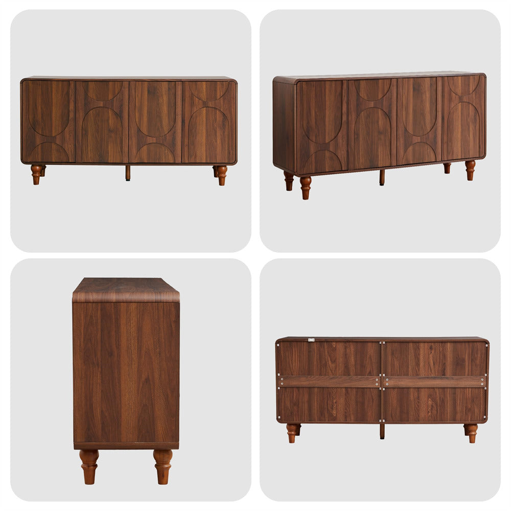 Four different views of a wooden sideboard on a white background