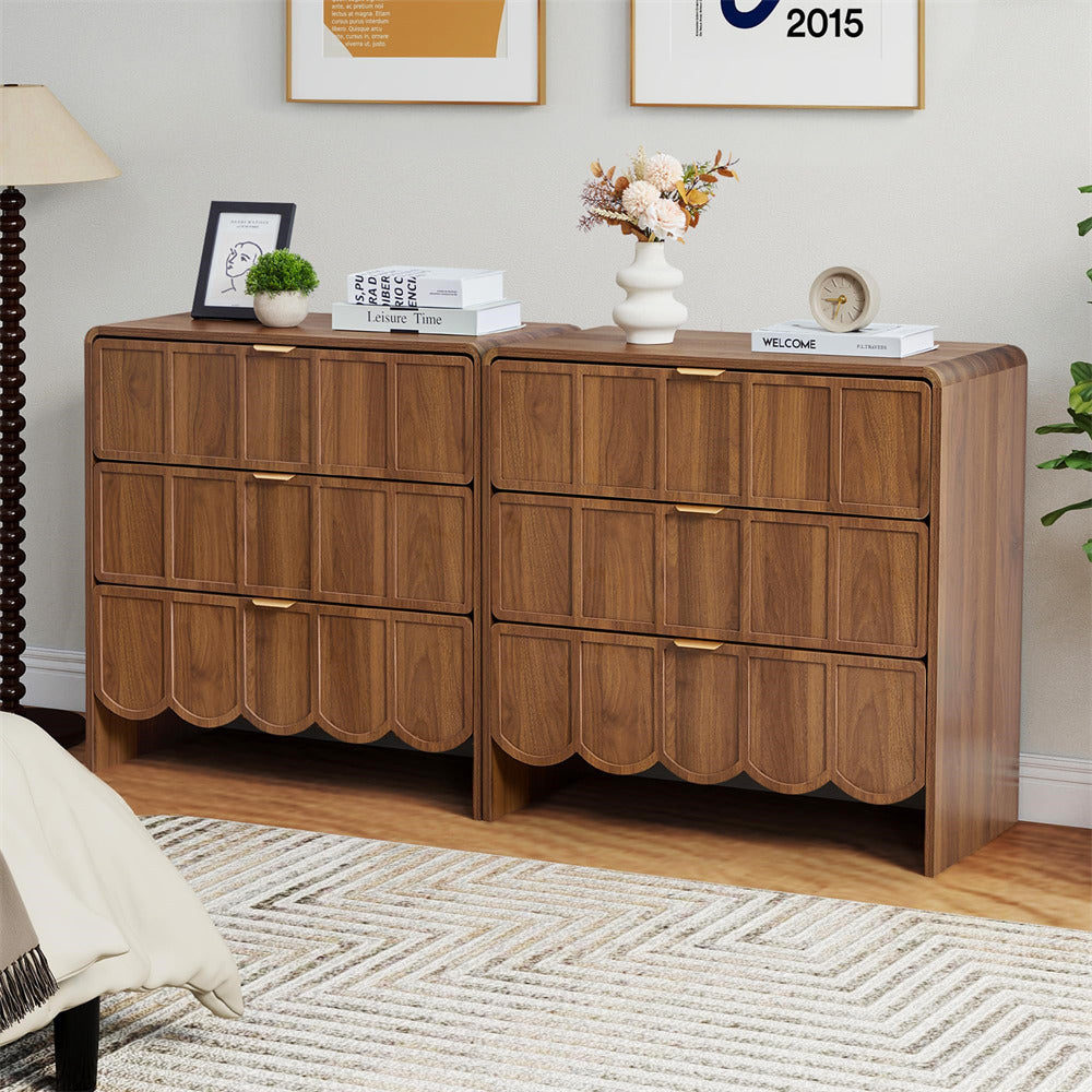 Wooden dresser with decorative items in a room setting