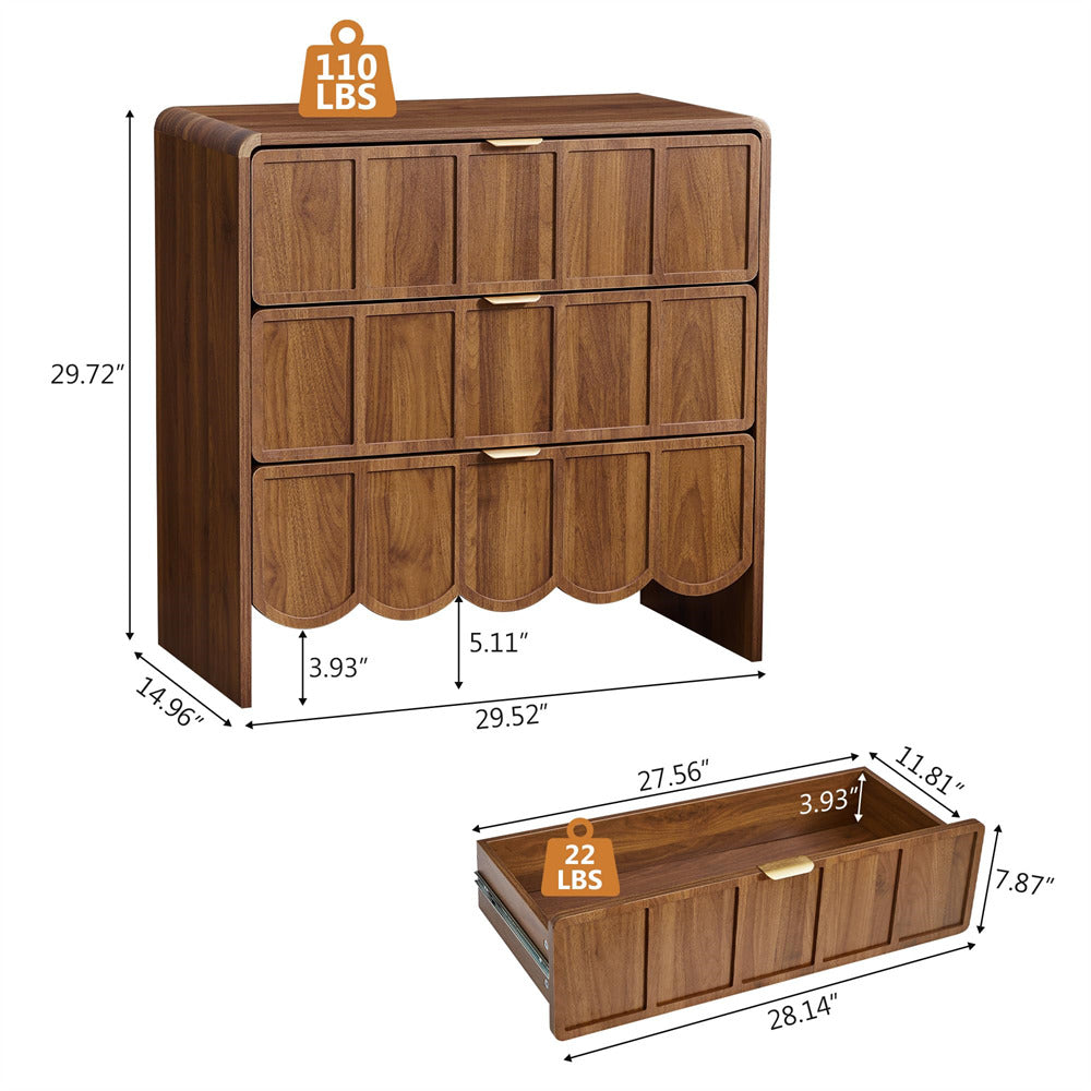 Wooden dresser with dimensions and weight capacity on a white background