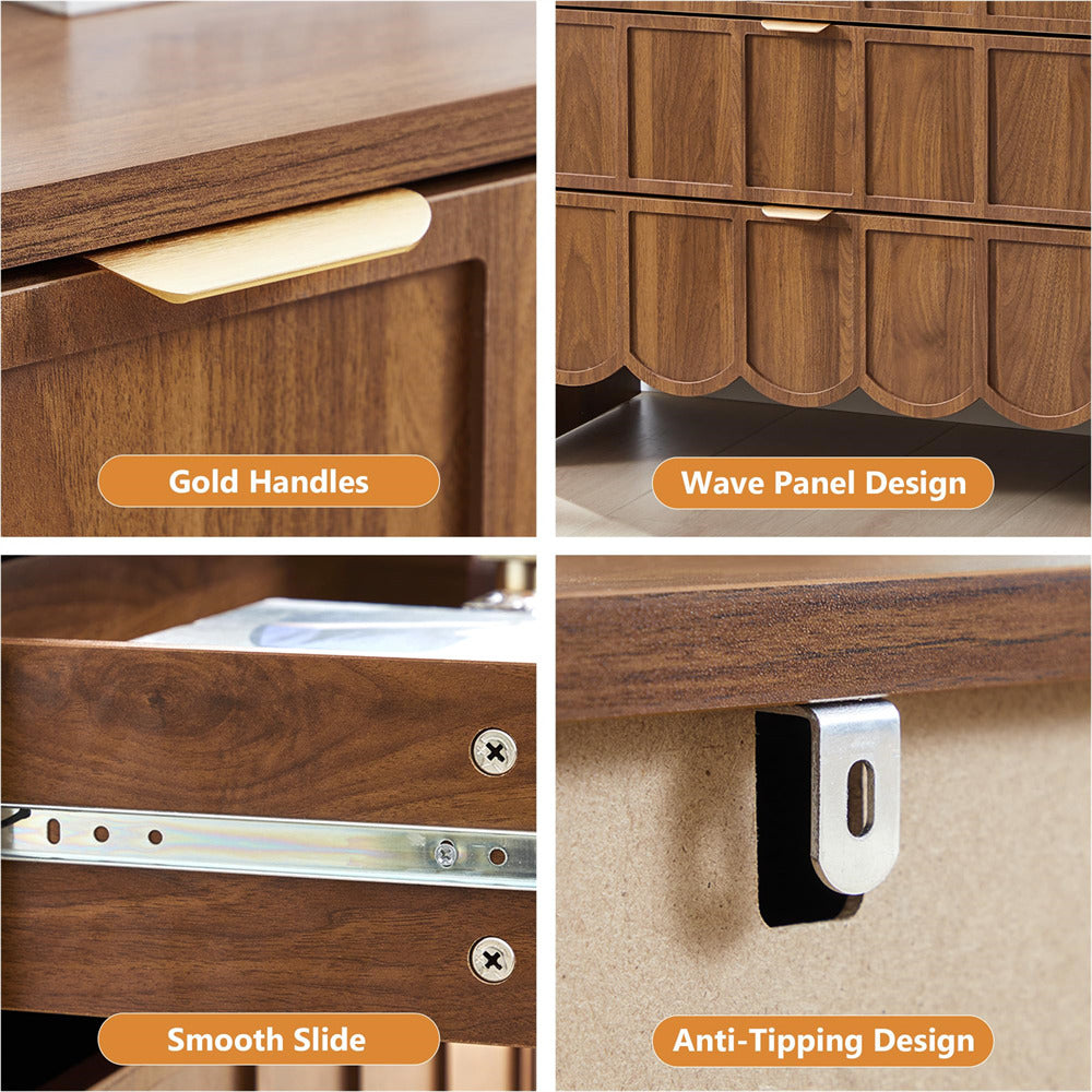 Wooden furniture with gold handles, wave panel design, smooth slide mechanism, and anti-tipping feature.