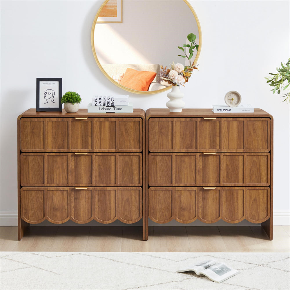 Wooden dresser with decorative items in a room setting