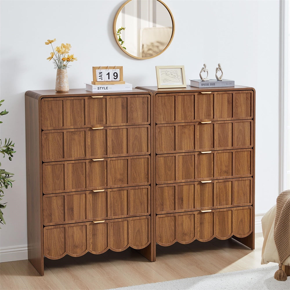 Walnut Modern Wood 5 Drawer Dresser Storage Cabinet with Wave Fluted Drawer