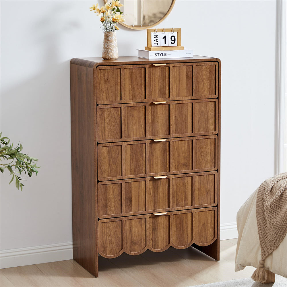 Walnut Modern Wood 5 Drawer Dresser Storage Cabinet with Wave Fluted Drawer