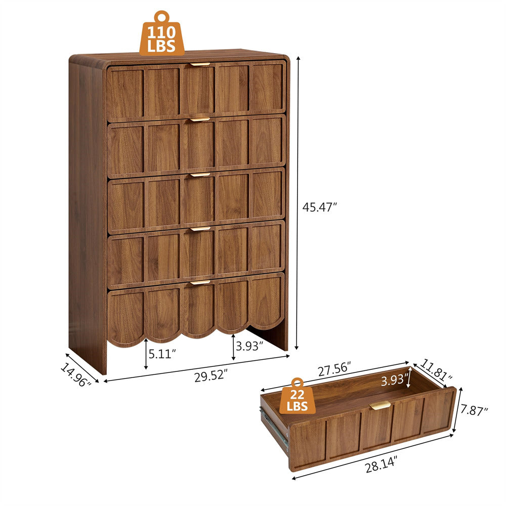 Walnut Modern Wood 5 Drawer Dresser Storage Cabinet with Wave Fluted Drawer