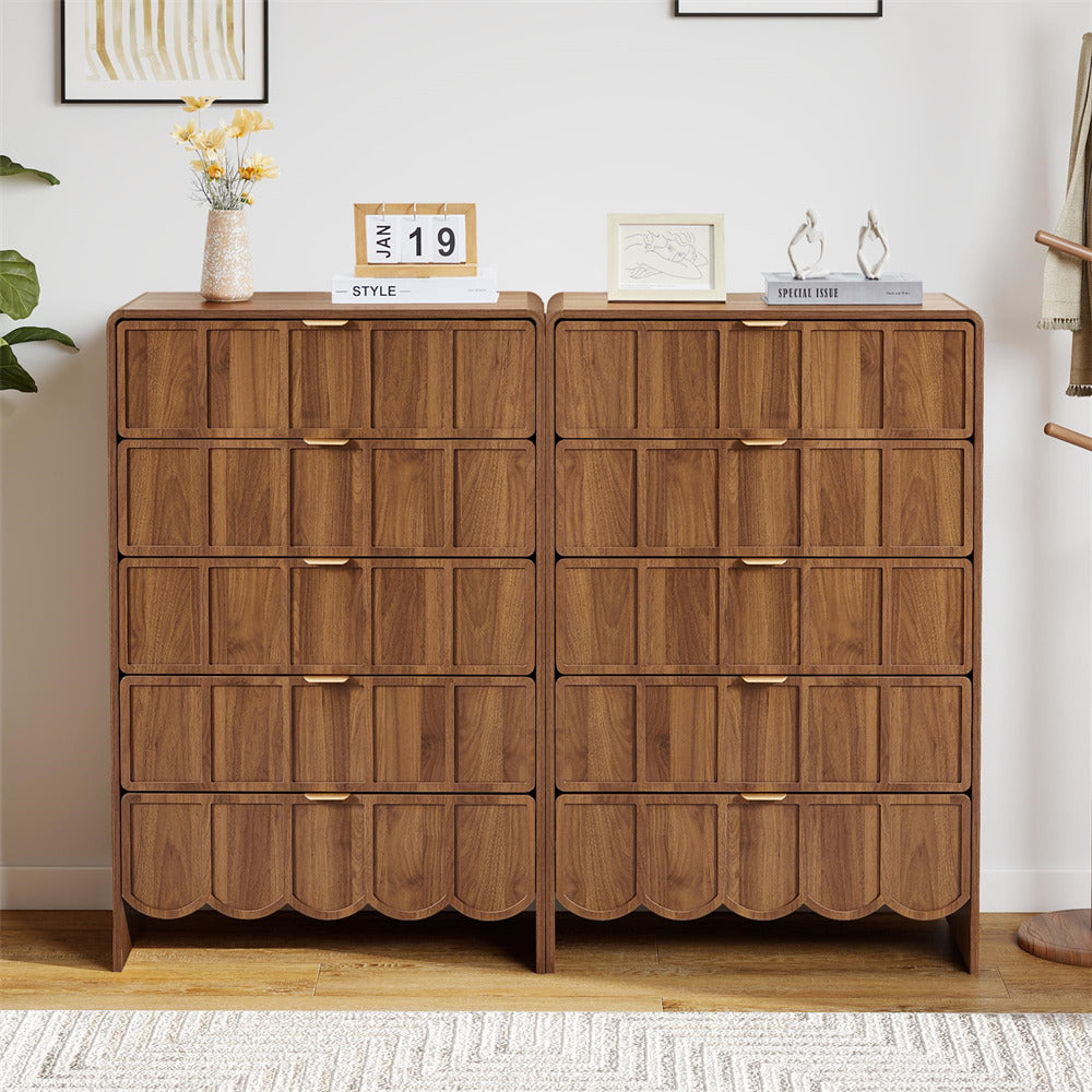 Walnut Modern Wood 5 Drawer Dresser Storage Cabinet with Wave Fluted Drawer