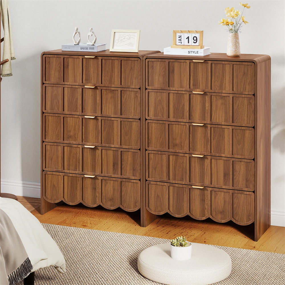 Walnut Modern Wood 5 Drawer Dresser Storage Cabinet with Wave Fluted Drawer