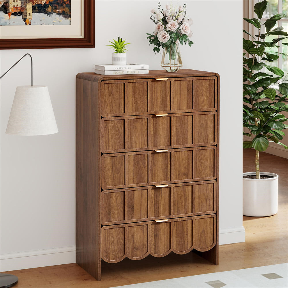 Walnut Modern Wood 5 Drawer Dresser Storage Cabinet with Wave Fluted Drawer
