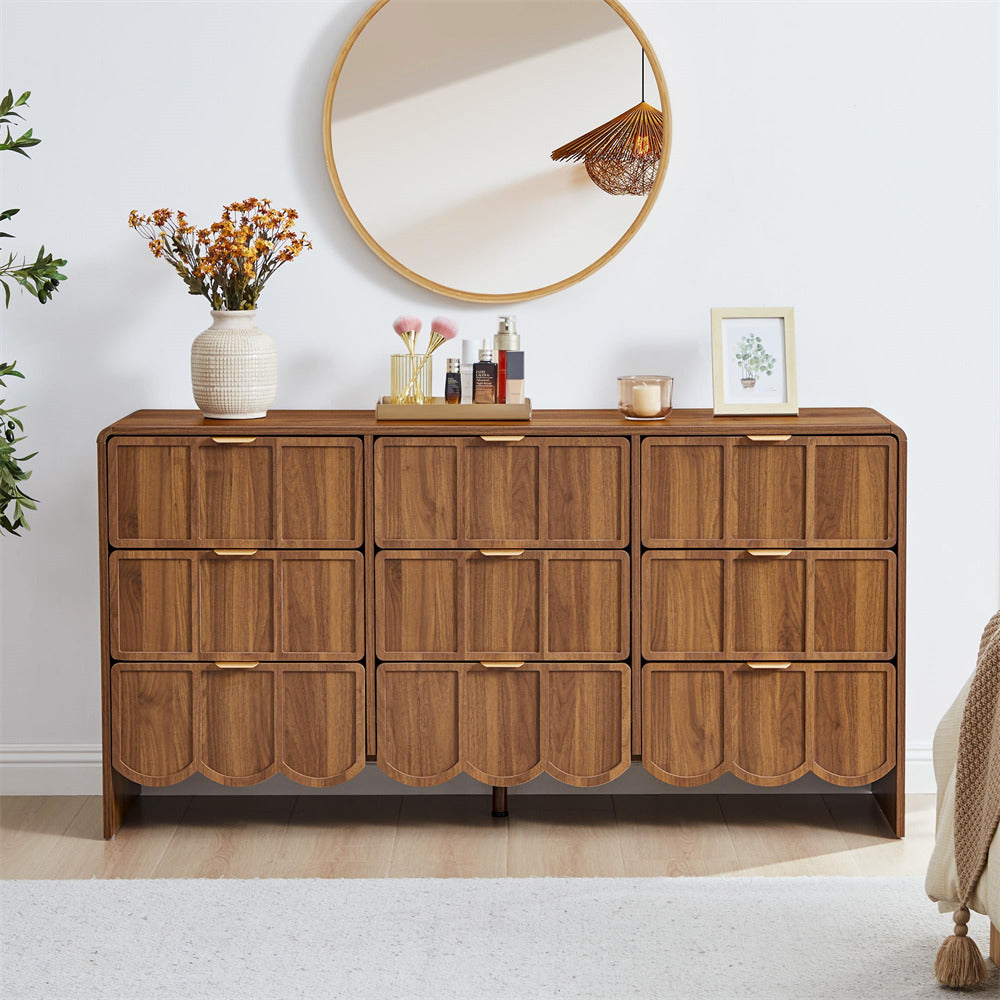 Walnut Modern Wood 9 Drawer Dresser Storage Cabinet with Wave Fluted Drawer