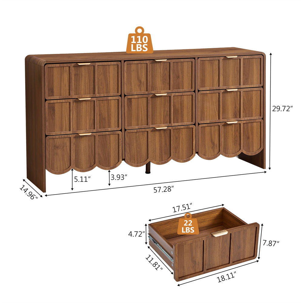 Walnut Modern Wood 9 Drawer Dresser Storage Cabinet with Wave Fluted Drawer