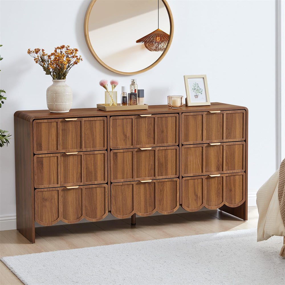 Walnut Modern Wood 9 Drawer Dresser Storage Cabinet with Wave Fluted Drawer