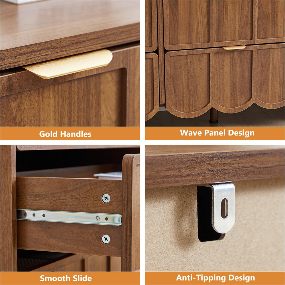 Walnut Modern Wood 9 Drawer Dresser Storage Cabinet with Wave Fluted Drawer