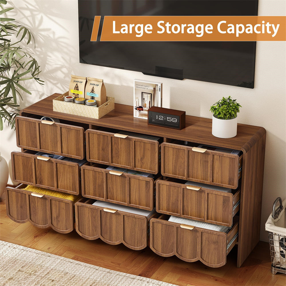Walnut Modern Wood 9 Drawer Dresser Storage Cabinet with Wave Fluted Drawer