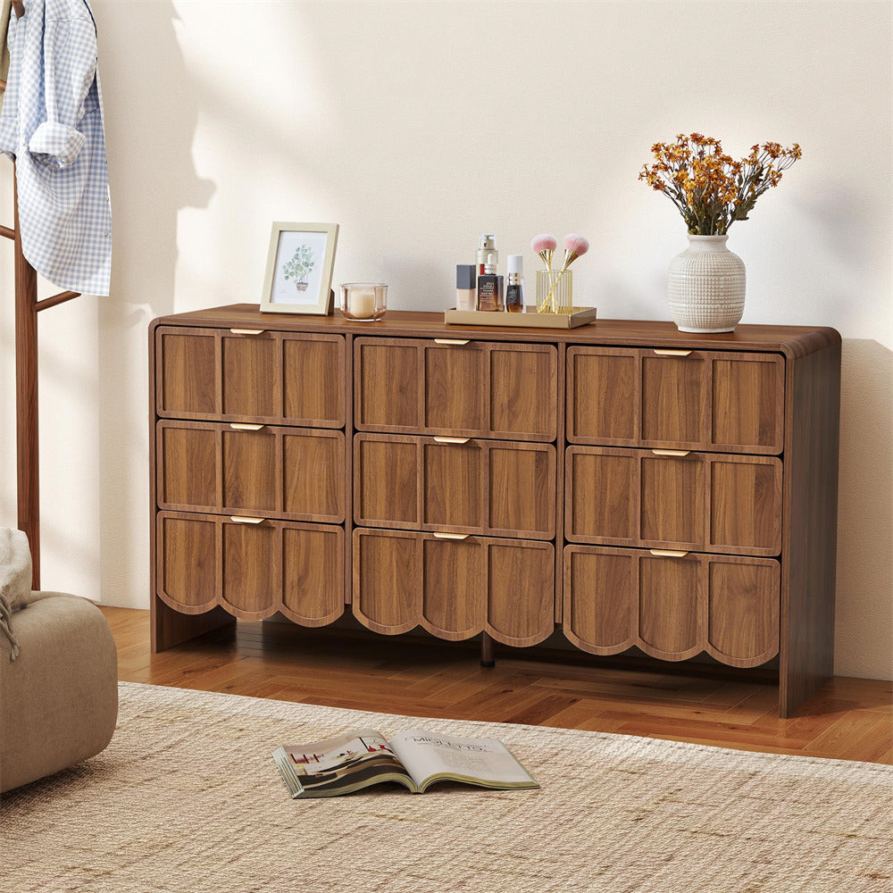 Walnut Modern Wood 9 Drawer Dresser Storage Cabinet with Wave Fluted Drawer