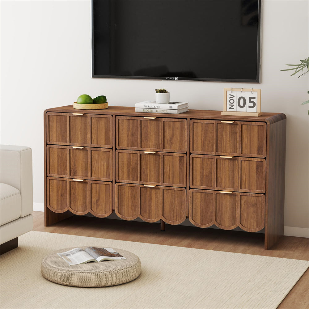 Walnut Modern Wood 9 Drawer Dresser Storage Cabinet with Wave Fluted Drawer