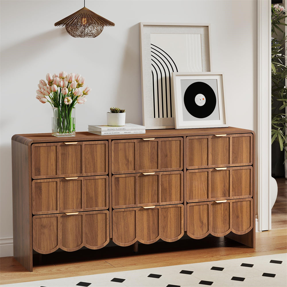 Walnut Modern Wood 9 Drawer Dresser Storage Cabinet with Wave Fluted Drawer