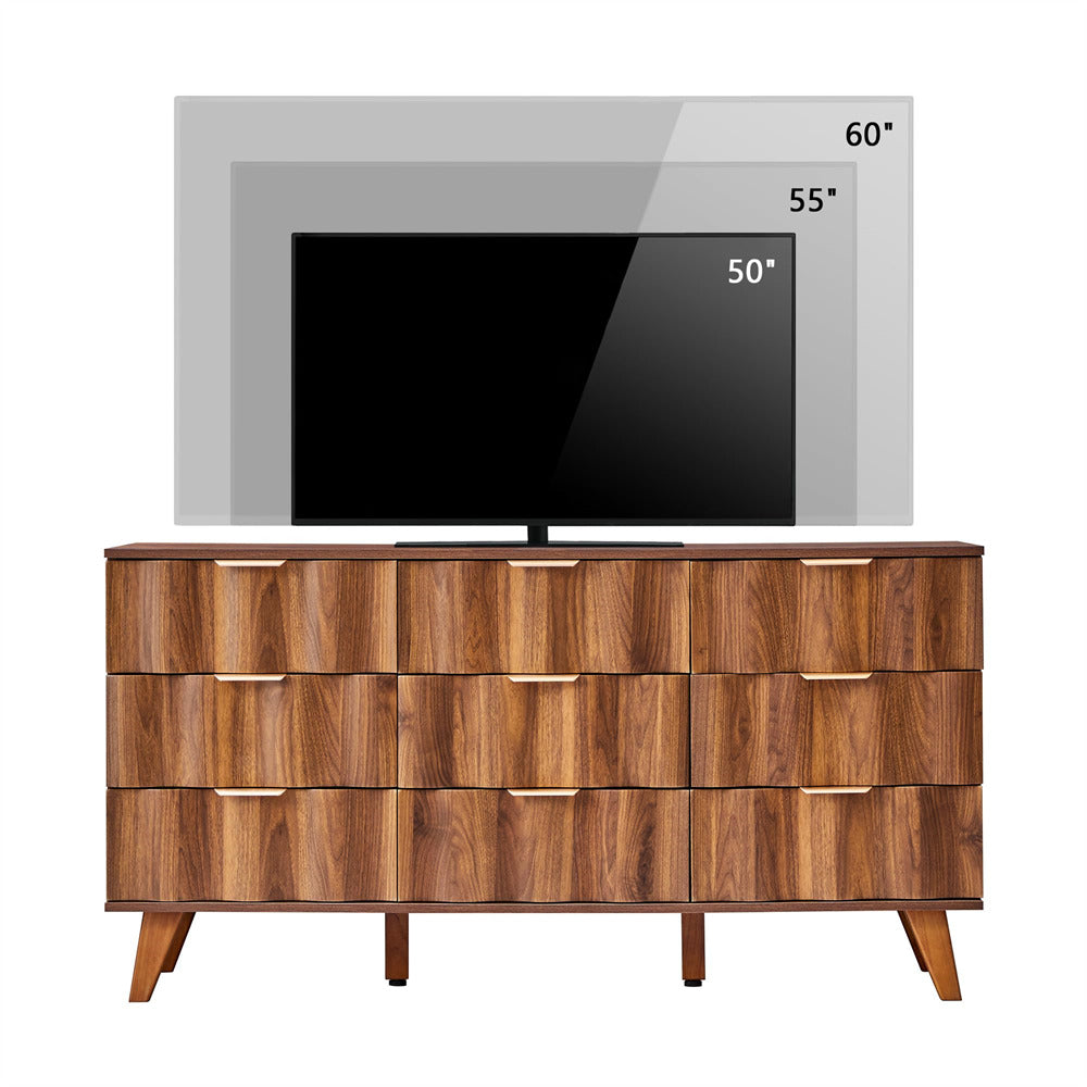 Wooden dresser with a television mounted on top displaying temperature readings.