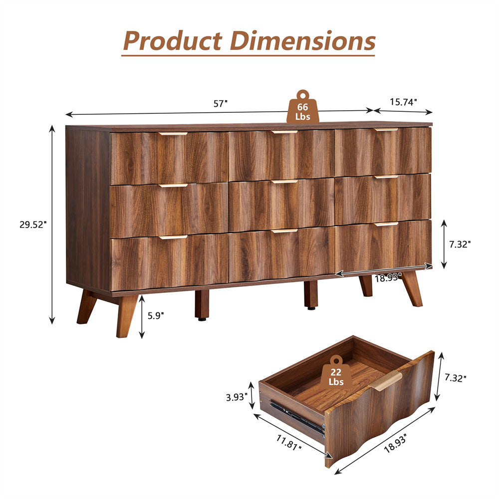 Wooden dresser with dimensions and weight label on a white background