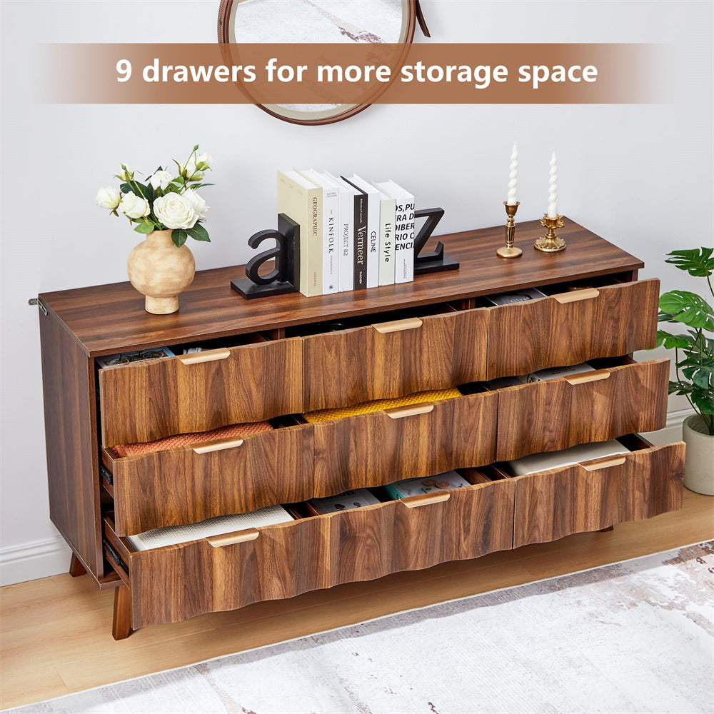 Wooden dresser with multiple drawers in a room setting, featuring decorative items.