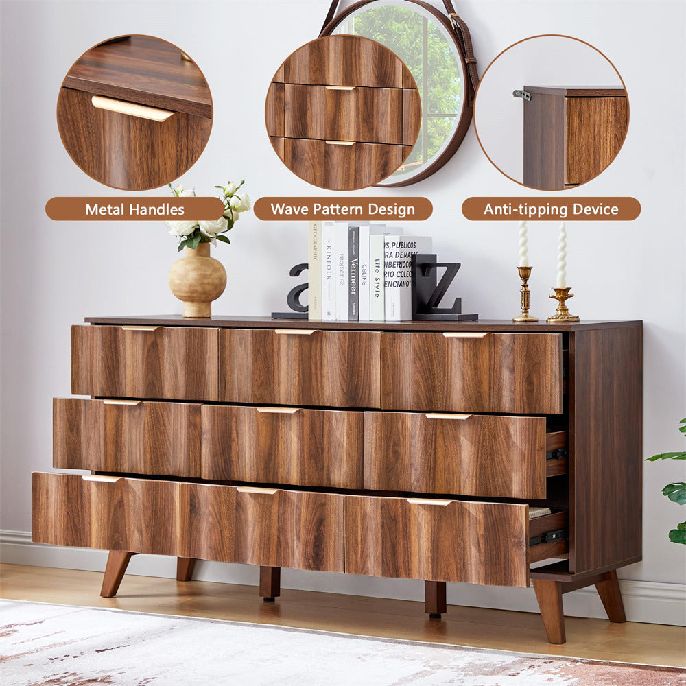 Wooden dresser with metal handles, wave pattern design, and anti-tipping device highlighted.