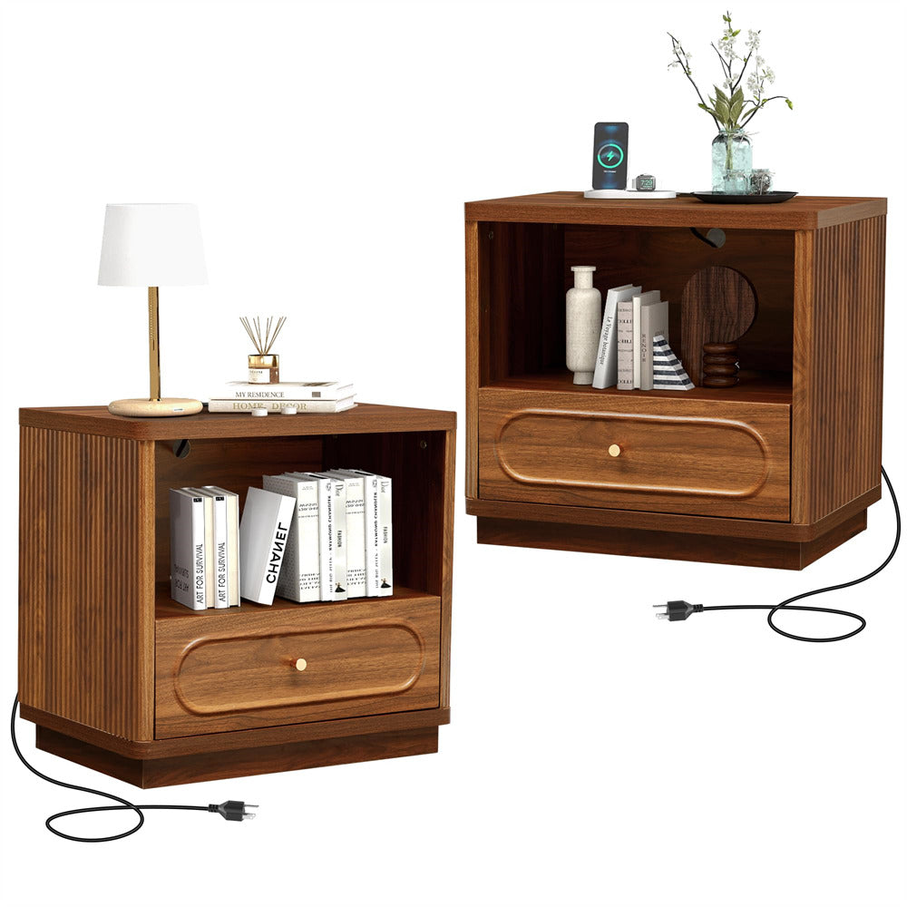 Two wooden nightstands with books, a lamp, and decorative items on a white background