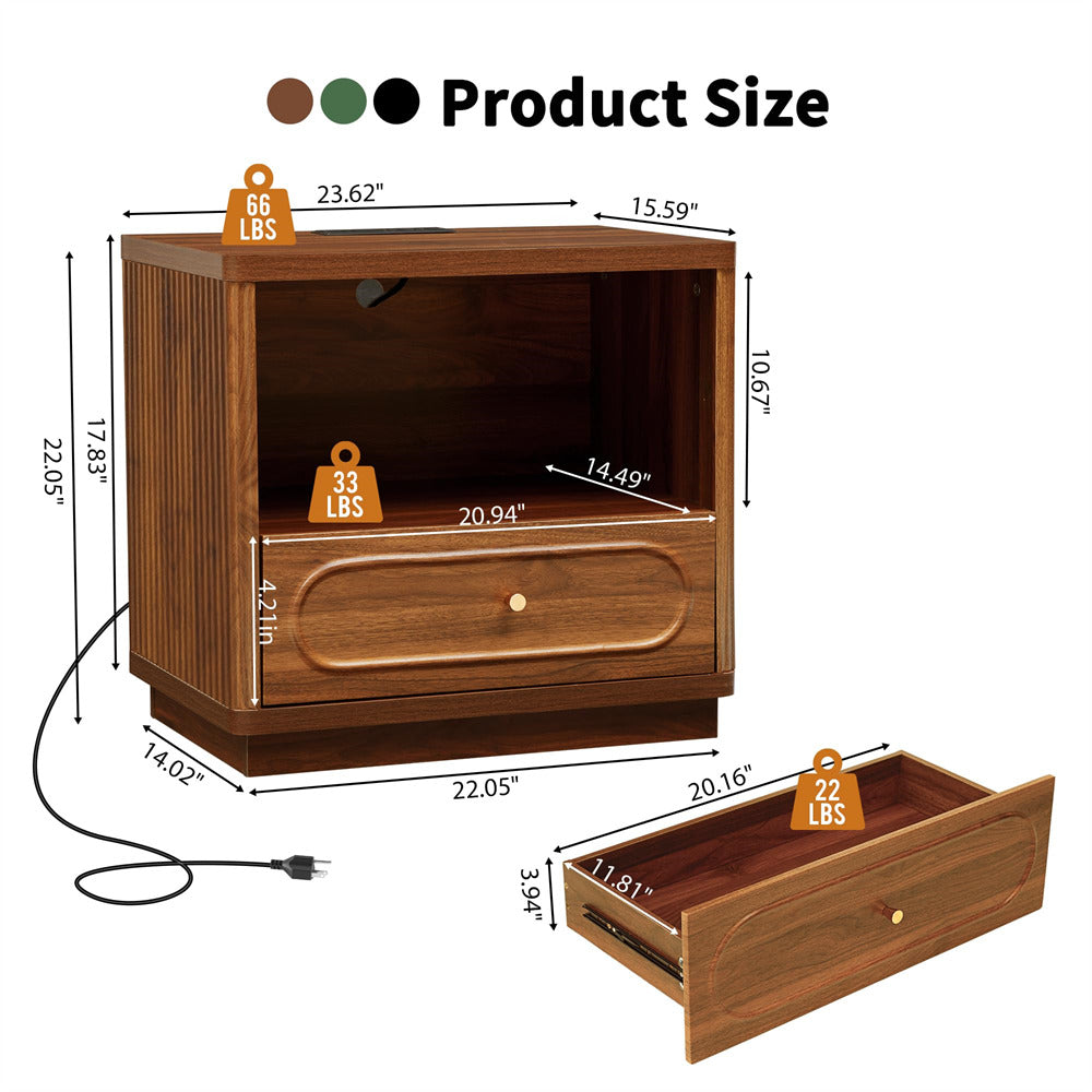 Wooden TV stand with dimensions and weight indicators on a white background