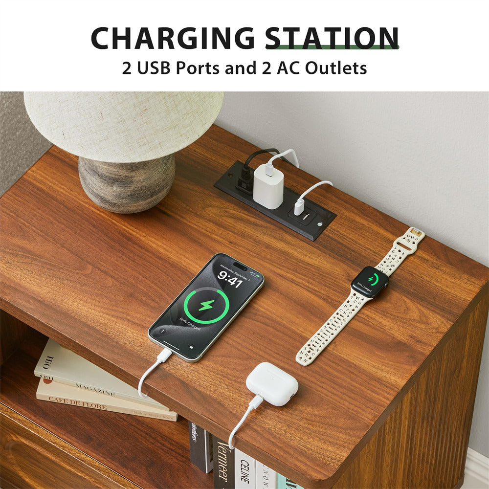 Charging station with 2 USB ports and 2 AC outlets on a wooden surface.