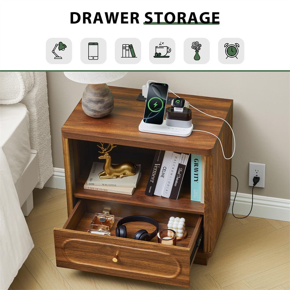 Wooden nightstand with drawer storage, charging station, and various items on a neutral background.