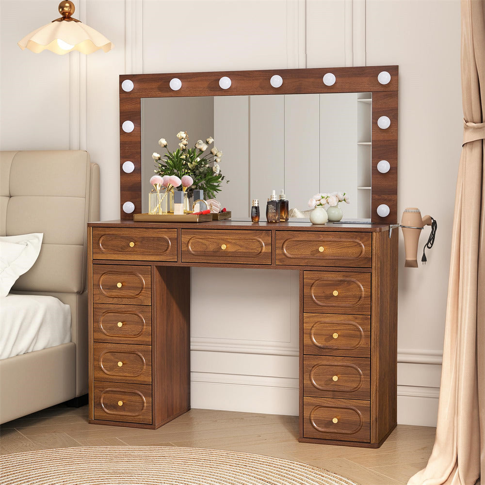 Walnut Modern Wood Fluted Vanity Desk Makeup Table with Mirror Lights and Power Outlets