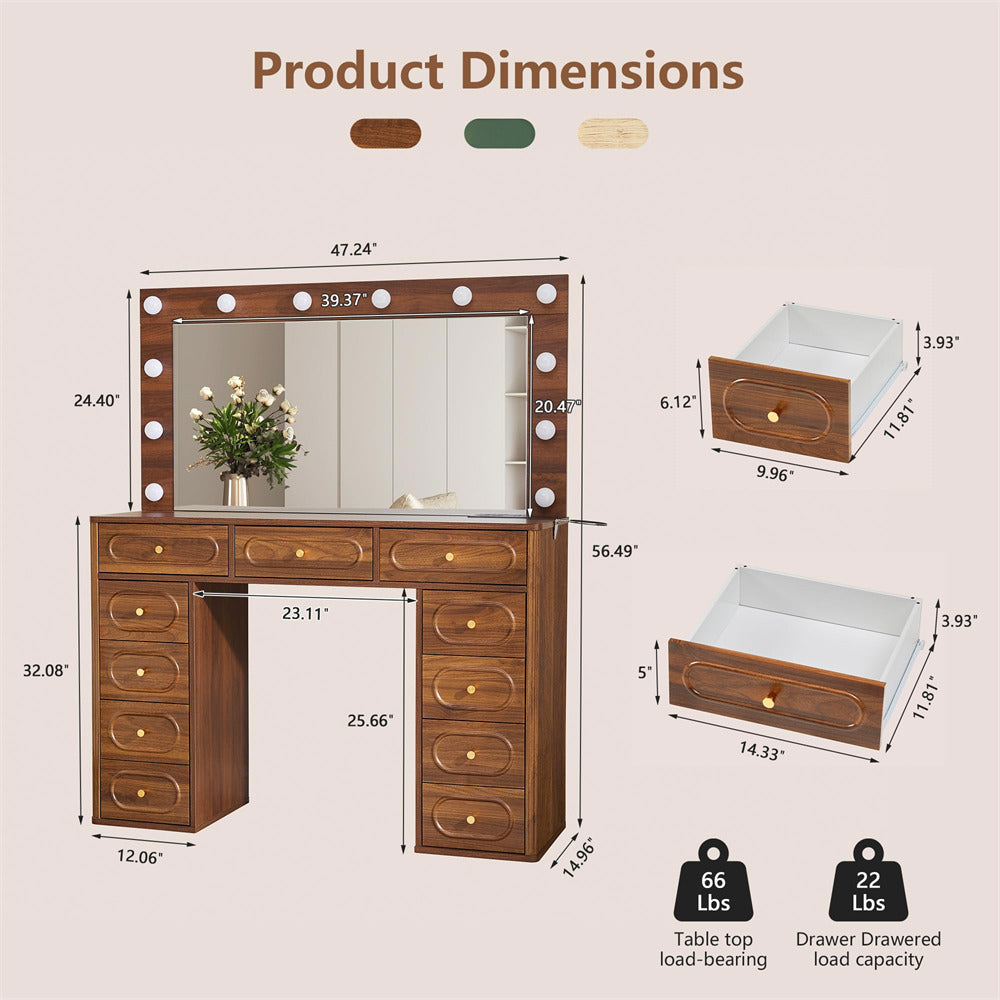 Wooden vanity with mirror and dimensions on a beige background