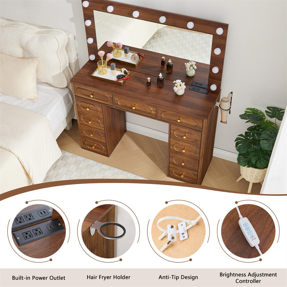 Wooden vanity desk with mirror and lights in a bedroom setting, featuring power outlet, hair fryer holder, anti-tip design, and brightness adjustment controller.