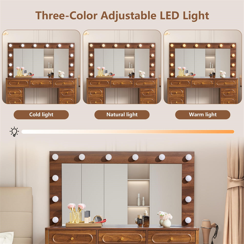 Wooden vanity with three-color adjustable LED lights on a neutral background