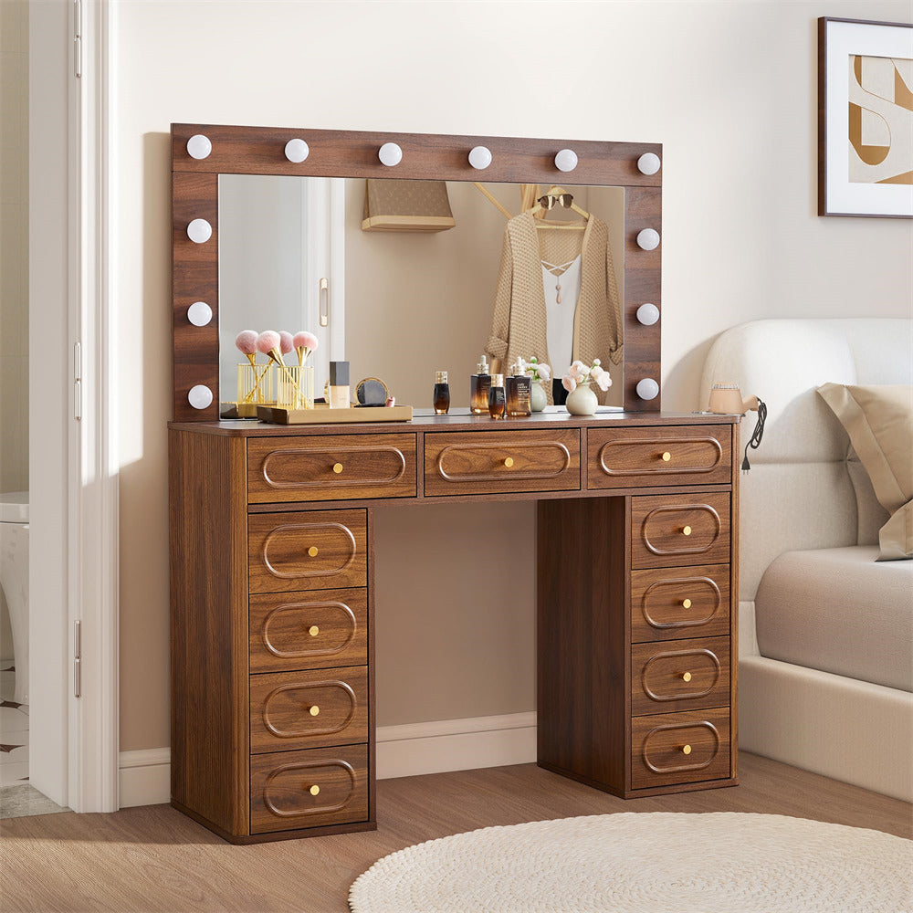 Wooden vanity with mirror and lights in a room setting