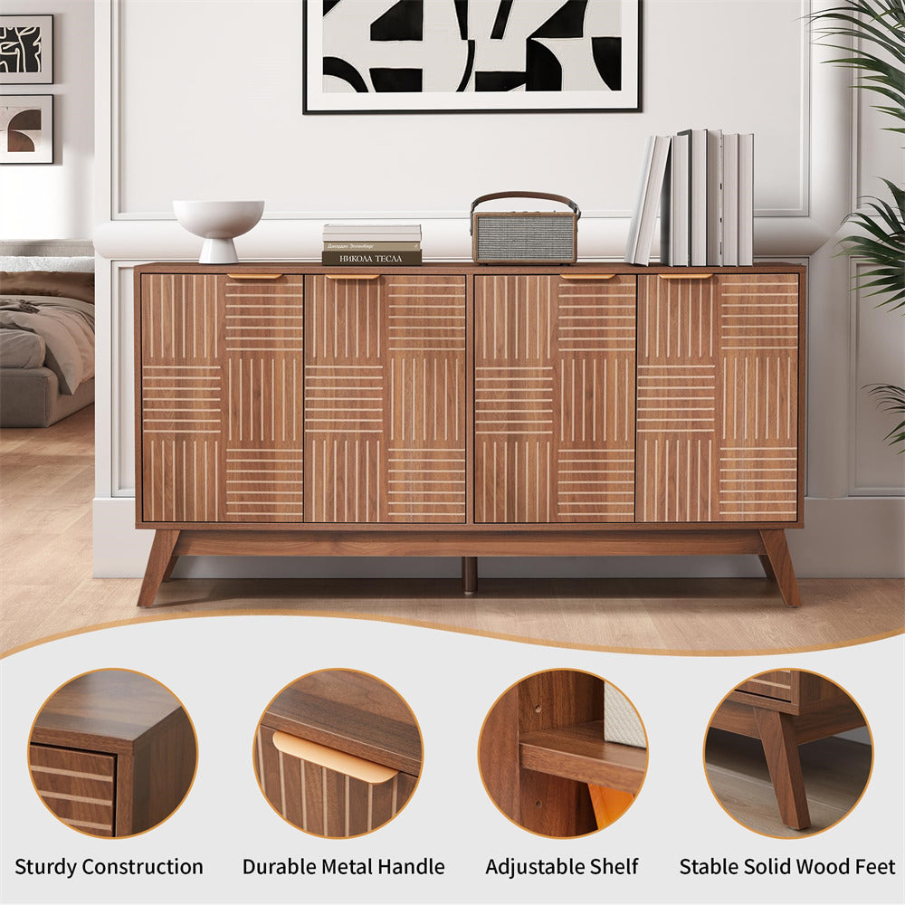 Wooden sideboard with geometric pattern in a room setting, featuring close-up details of its features.
