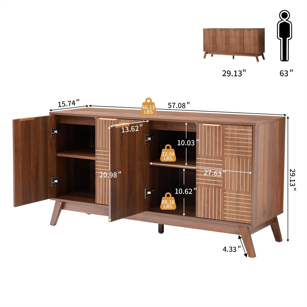 Wooden sideboard with dimensions and weight label on a white background