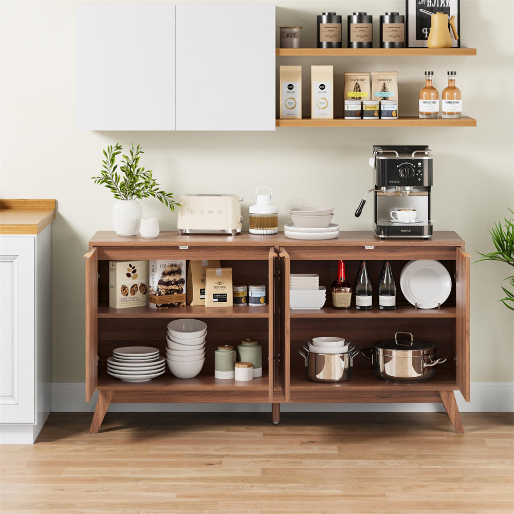 Wooden kitchen cabinet with various kitchen items in a well-lit kitchen.