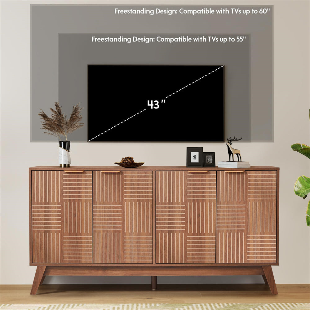 Wooden entertainment console with TV above displaying size information, against a neutral wall.