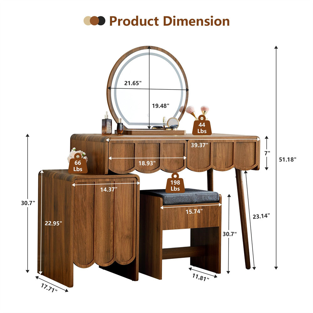 Wooden vanity table with mirror and stool, showing dimensions on a white background