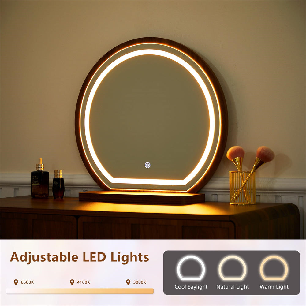 Round illuminated mirror on a wooden surface with adjustable LED lights displayed.