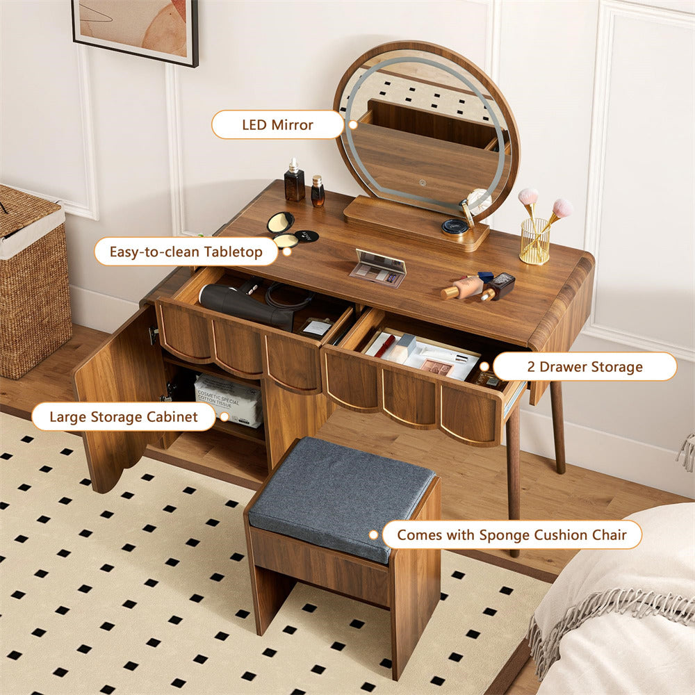 Wooden vanity table with mirror, storage drawers, and stool in a room setting.