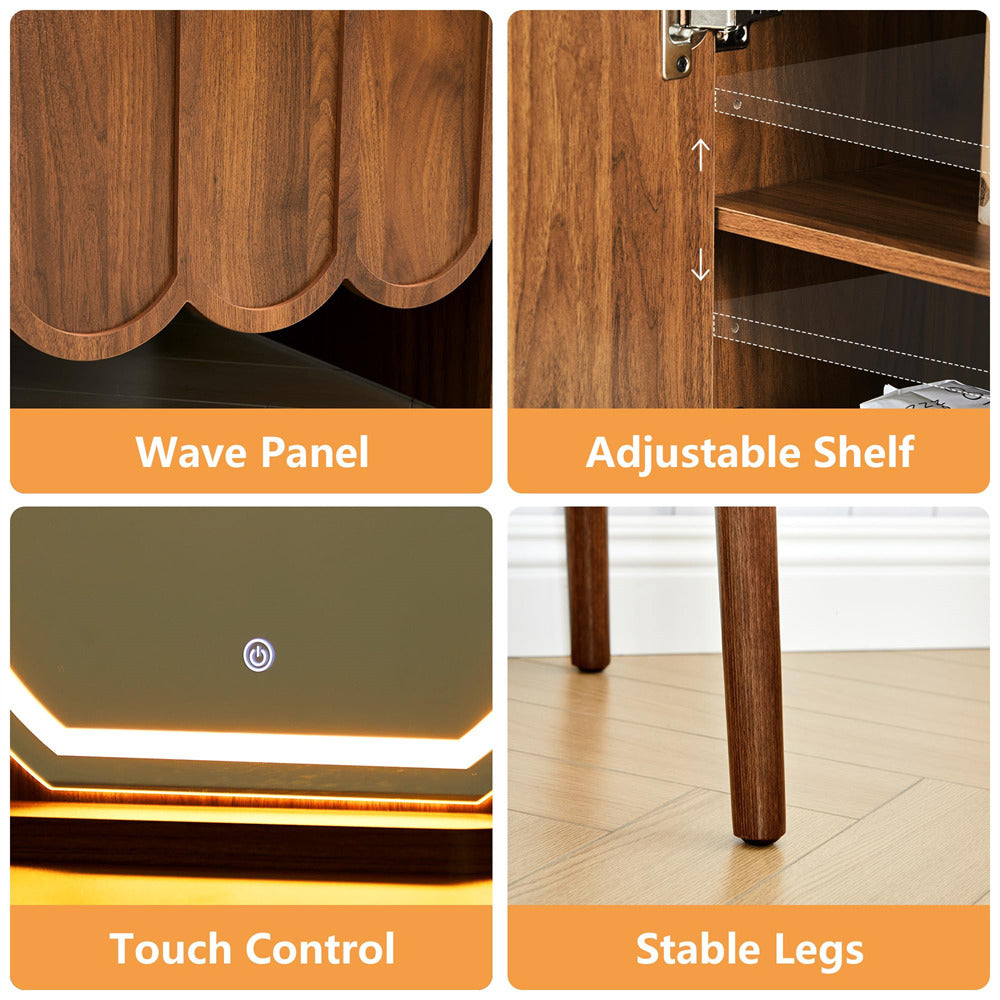 Wooden furniture with wave panel, adjustable shelf, touch control panel, and stable legs.