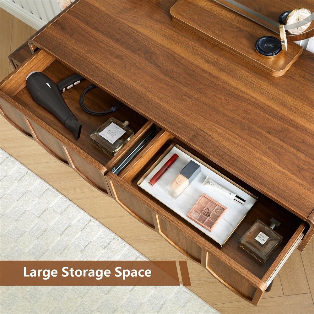 Wooden dresser with open drawers containing various items on a light-colored floor.