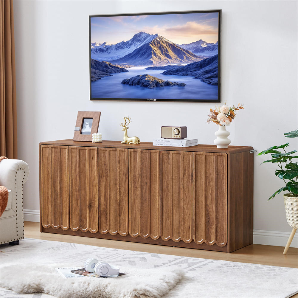 Walnut Modern Wooden Sideboard Storage Cabinet Credenza Console Table with 6 Wave Panel Doors