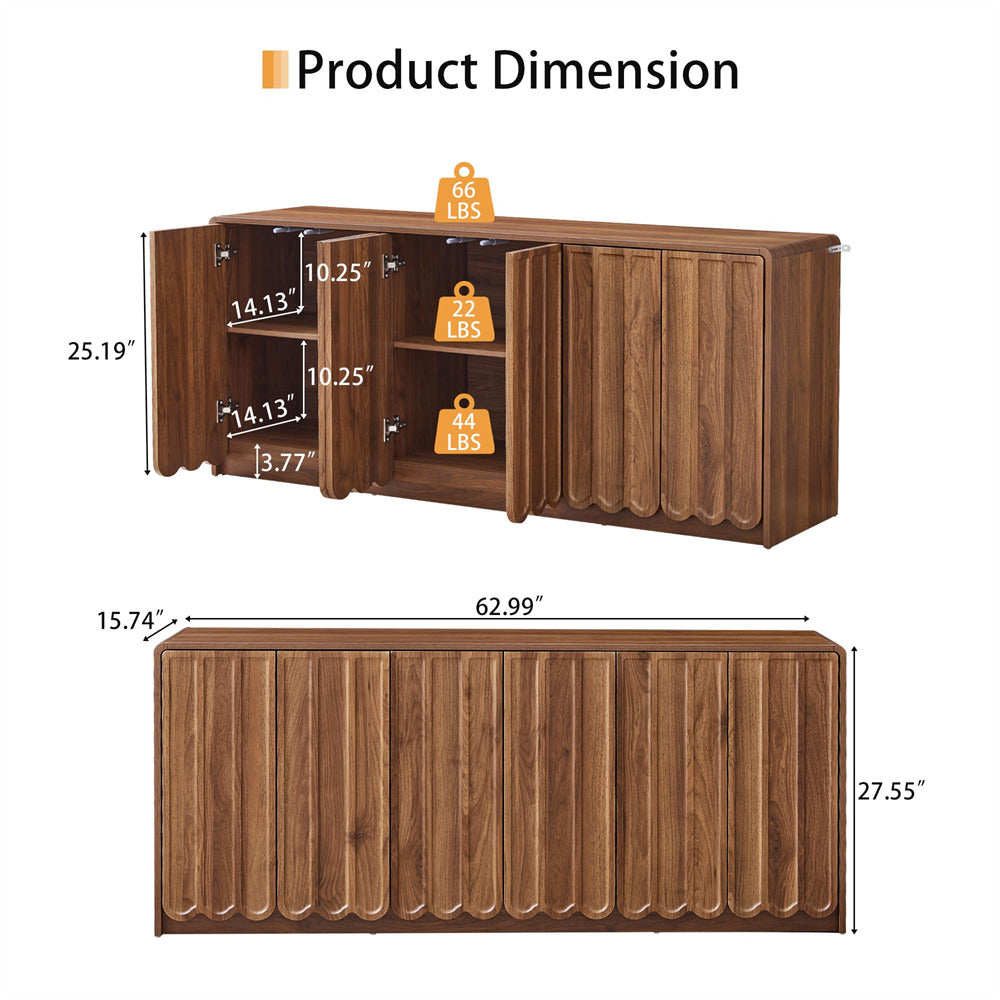 Wooden sideboard with dimensions and weight label on a white background