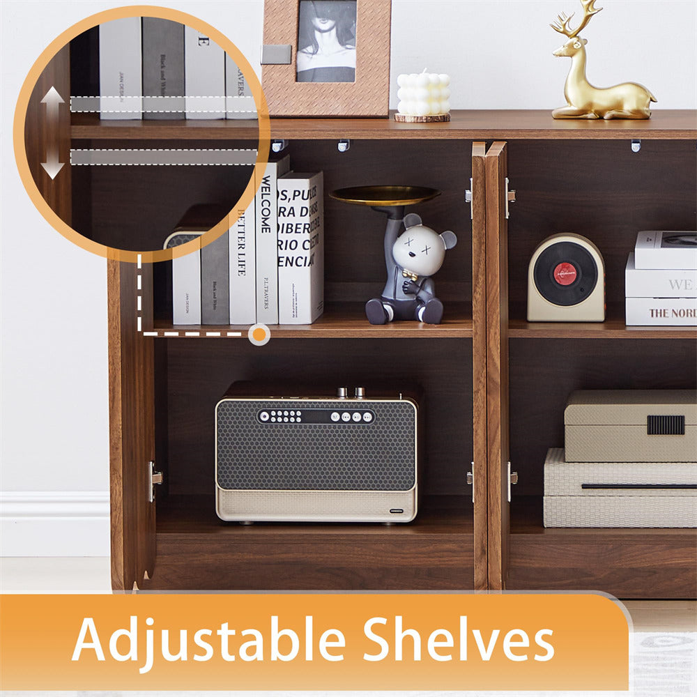 Wooden shelf with adjustable shelves, books, a clock, and decorative items.