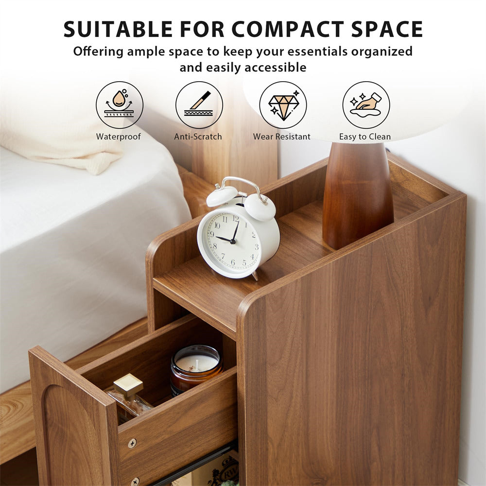 Wooden nightstand with clock and candle, suitable for compact spaces.