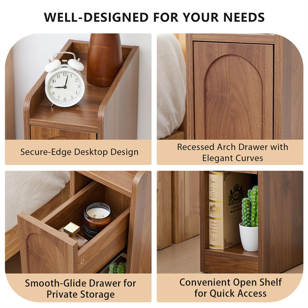 Wooden nightstand with features highlighted, including a secure-edge desktop, recessed arch drawer, smooth-glide drawer, and open shelf.