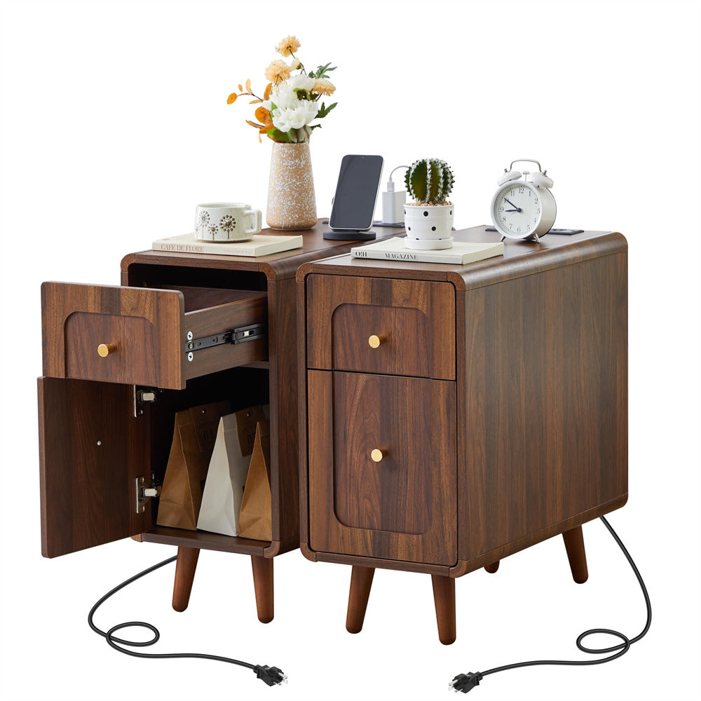 Walnut Narrow Side Table Set of 2 Wood Nightstand with Charging Station & Storage