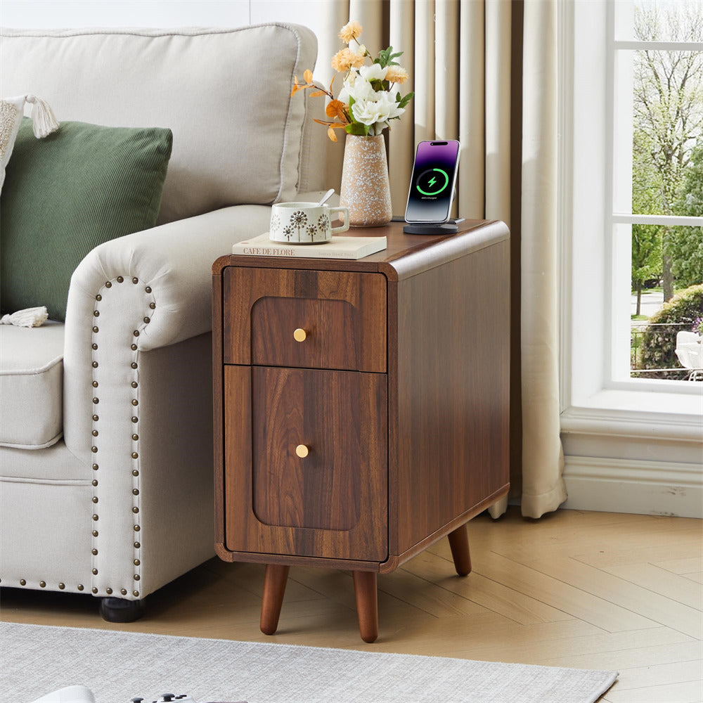 Walnut Narrow Side Table Wood Nightstand with Charging Station & Storage