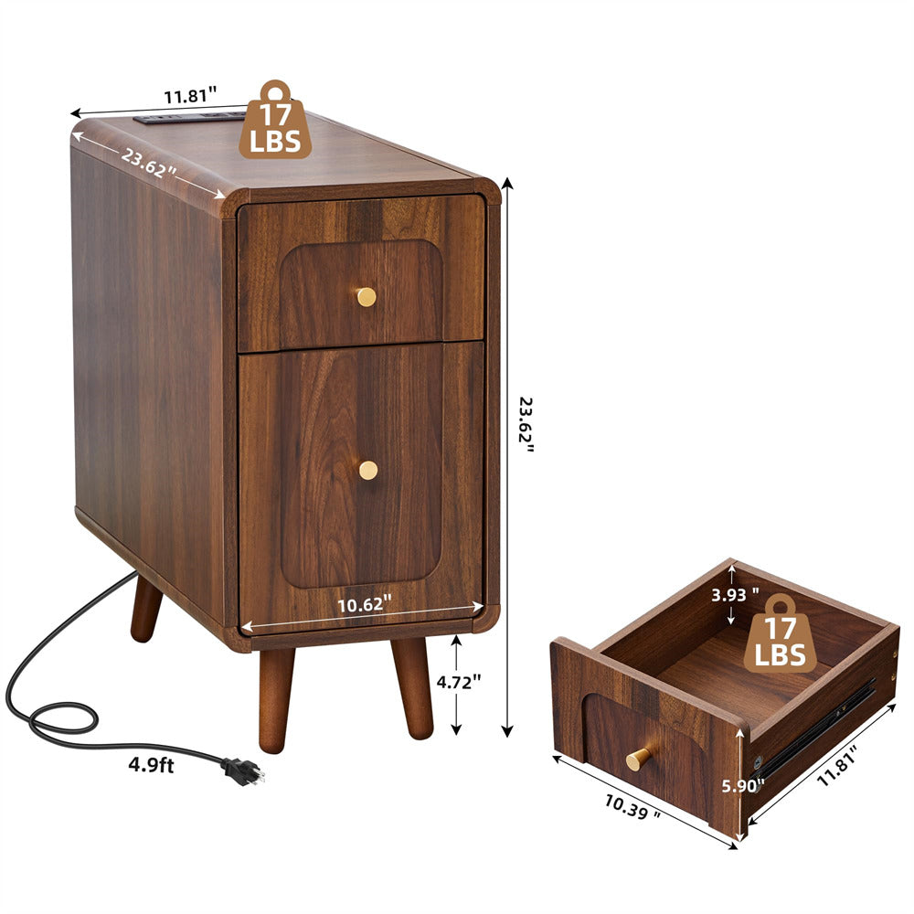 A dark brown wooden nightstand with two drawers, shown with dimension lines and weight labels on a white background. One view shows the closed nightstand with feet and power cord, and the other shows the open drawer compartment with interior measurements.
